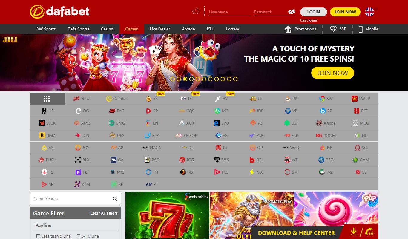 Dafabet Games lobby with a grid of around 70 slot provider codes and game filter sidebar