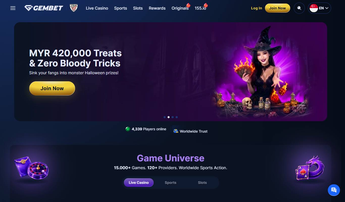 GemBet homepage with Halloween prize banner, Athletic Club crest in the header and the Game Universe section