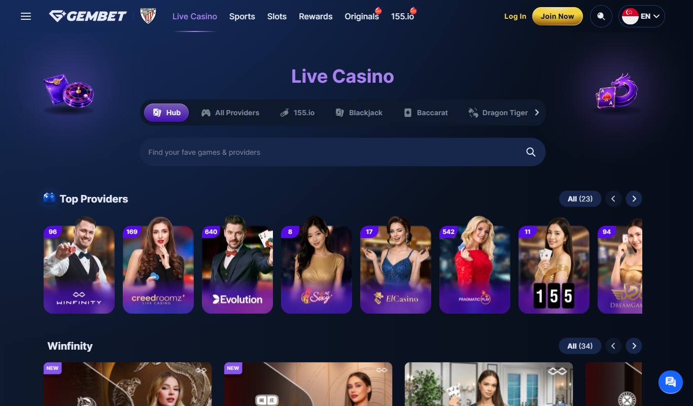GemBet live casino hub with provider tiles for Winfinity, CreedRoomz, Evolution, AE Sexy, ElCasino, Pragmatic Play Live, 155 and Dream Gaming