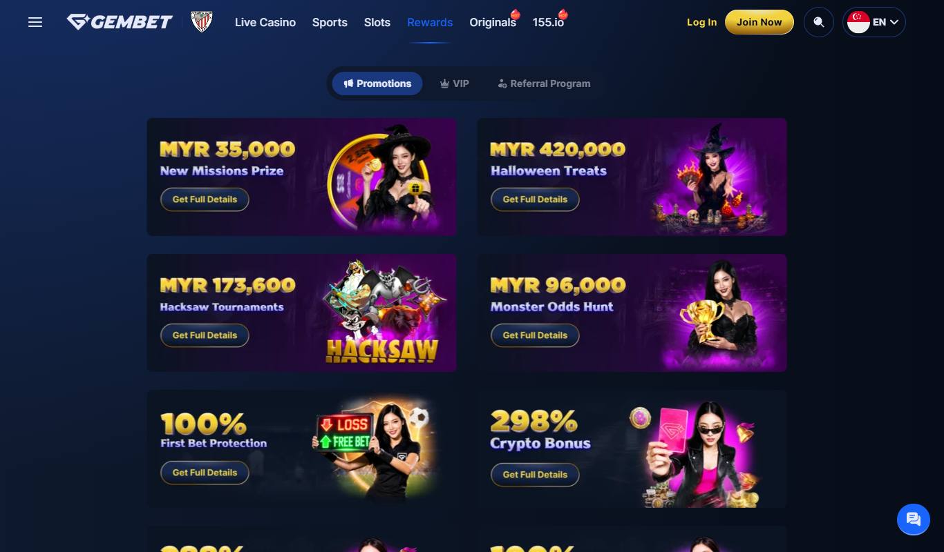 GemBet Rewards page showing promotion cards for missions, Halloween raffles, Hacksaw tournaments, First Bet Protection and the 298% crypto bonus