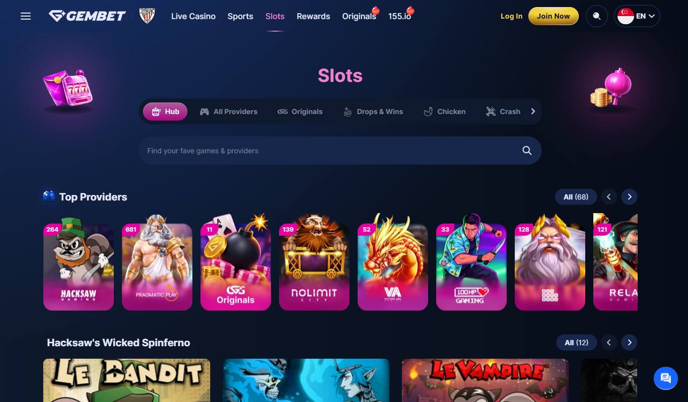GemBet slots hub with tabs for All Providers, Originals, Drops and Wins, Crash, and a Top Providers row led by Hacksaw Gaming and Pragmatic Play