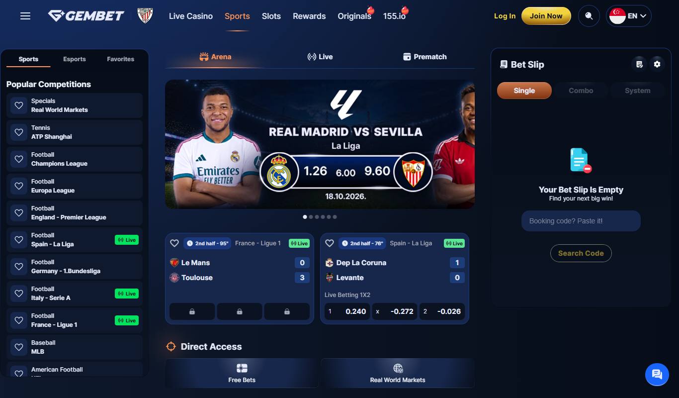 GemBet sportsbook Arena view with Real Madrid vs Sevilla odds, live football scores and an empty bet slip