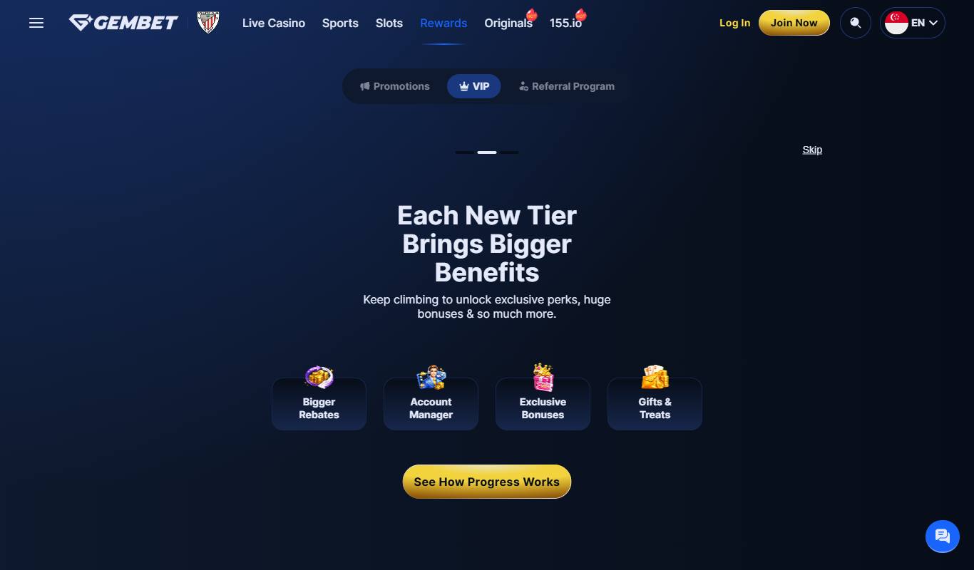 GemBet VIP page explaining that each new tier brings bigger rebates, an account manager, exclusive bonuses and gifts