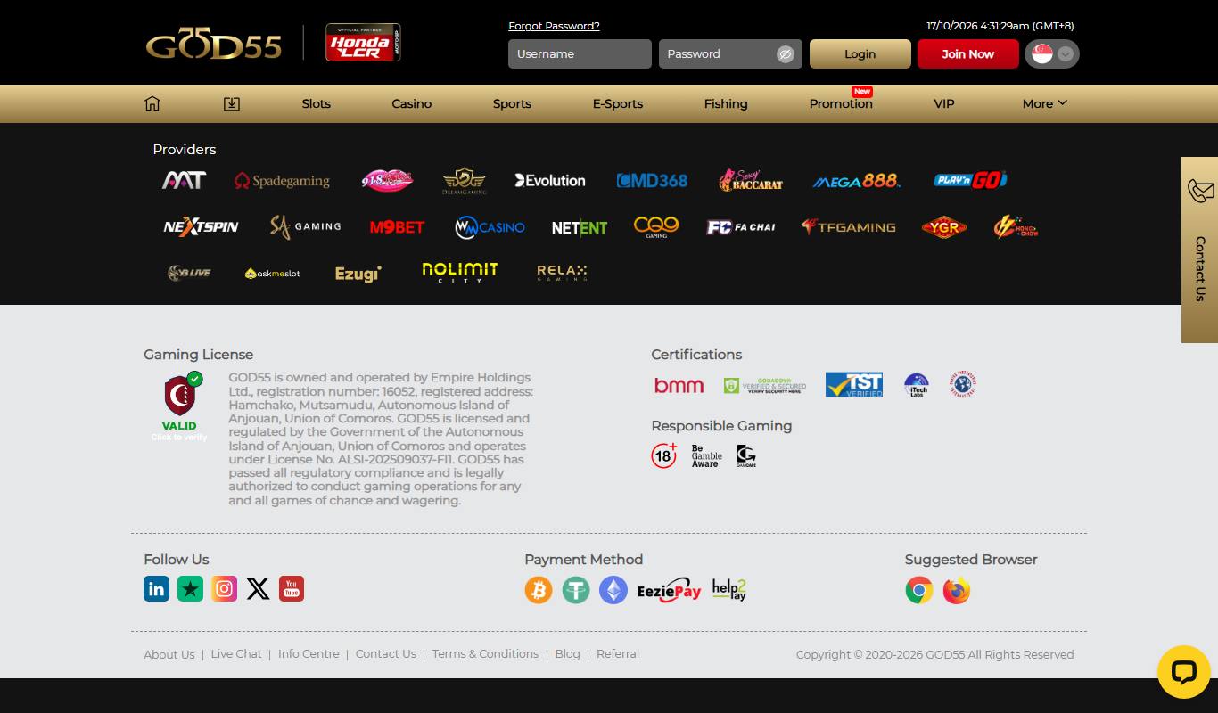 GOD55 site footer showing provider logos, Anjouan gaming licence text, certifications and payment methods