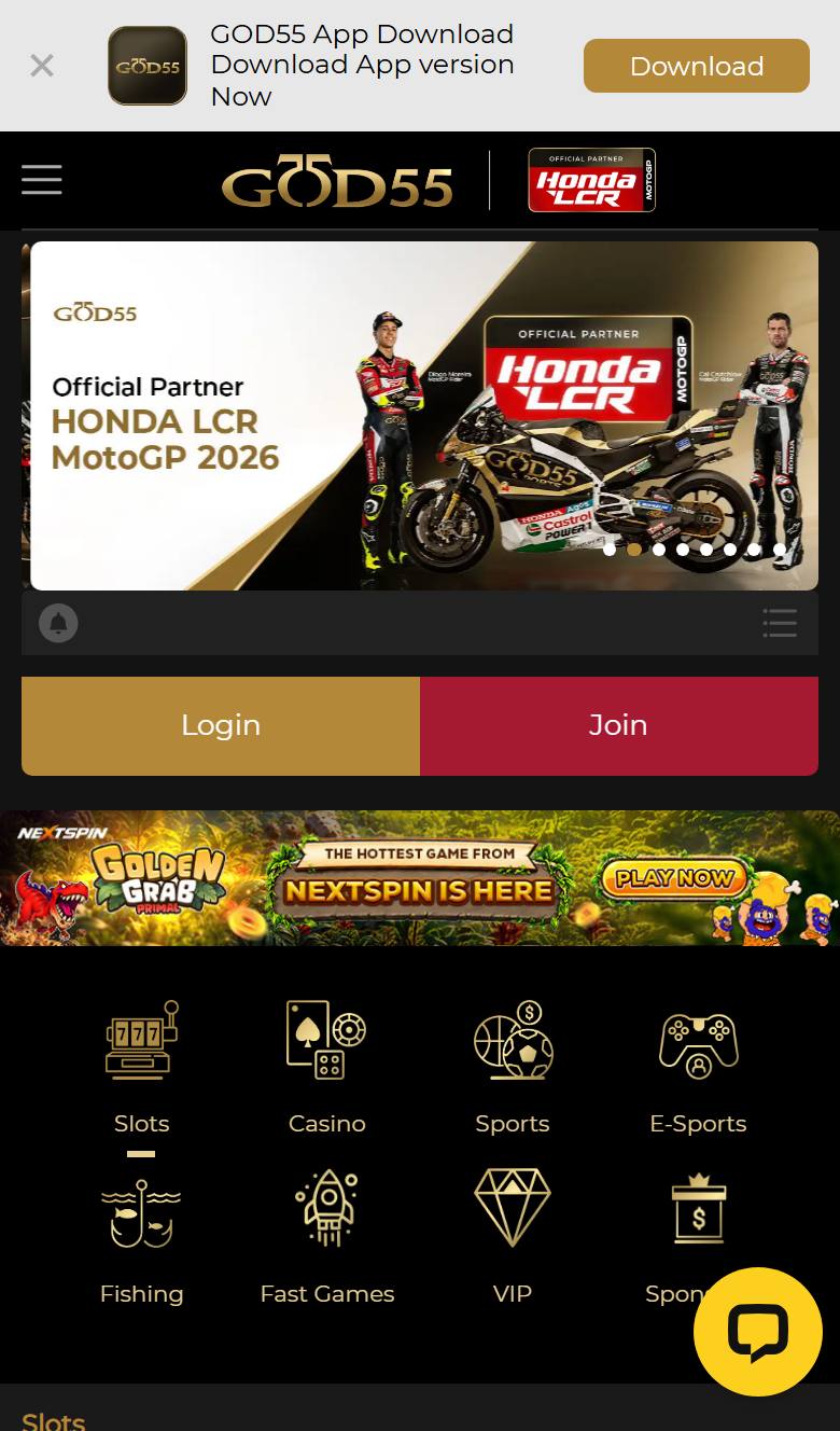 GOD55 mobile site on iPhone with app download bar, Honda LCR MotoGP banner, Login and Join buttons and product icons
