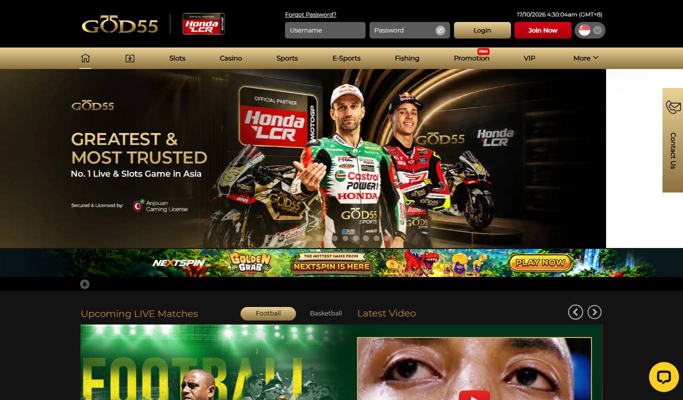GOD55 Singapore homepage with Honda LCR MotoGP banner, Anjouan Gaming License badge and gold navigation bar
