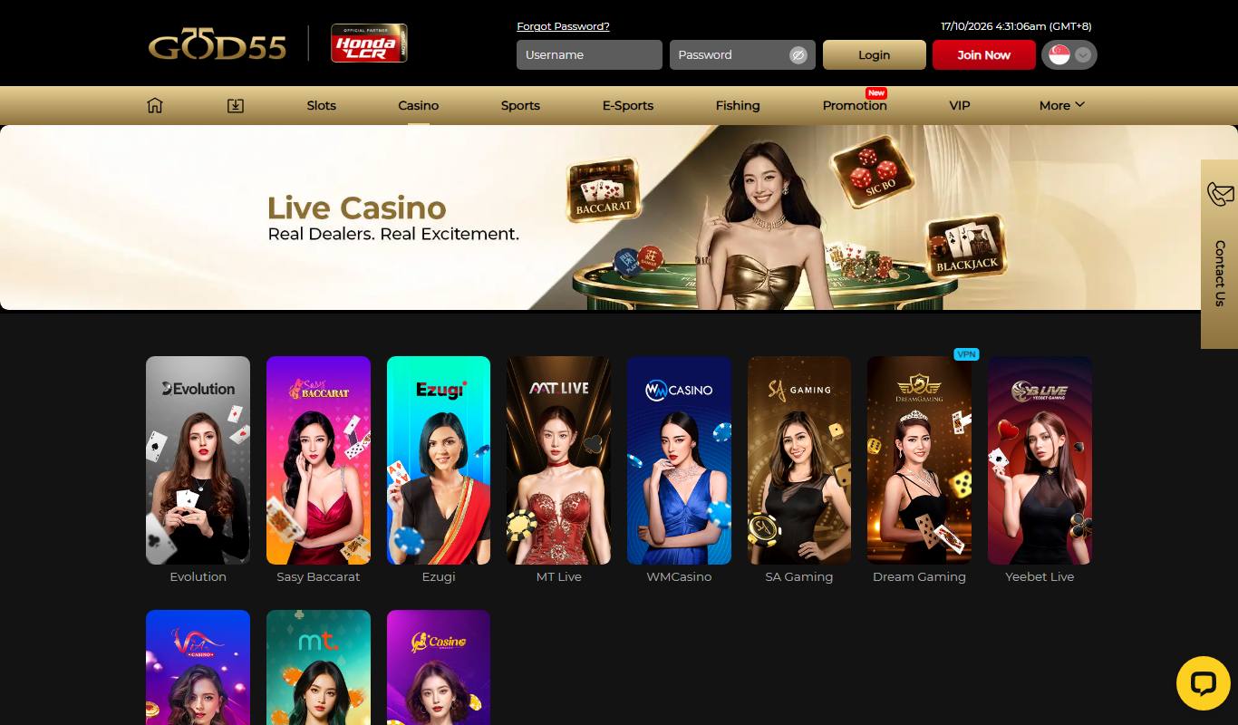 GOD55 live casino lobby with Evolution, Sexy Baccarat, Ezugi, MT Live, WM Casino, SA Gaming, Dream Gaming and Yeebet Live tiles