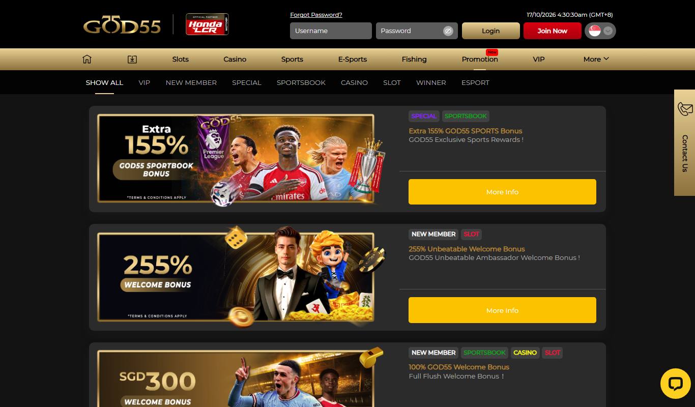 GOD55 promotions page showing Extra 155% Sports Bonus, 255% Welcome Bonus and SGD 300 Welcome Bonus cards
