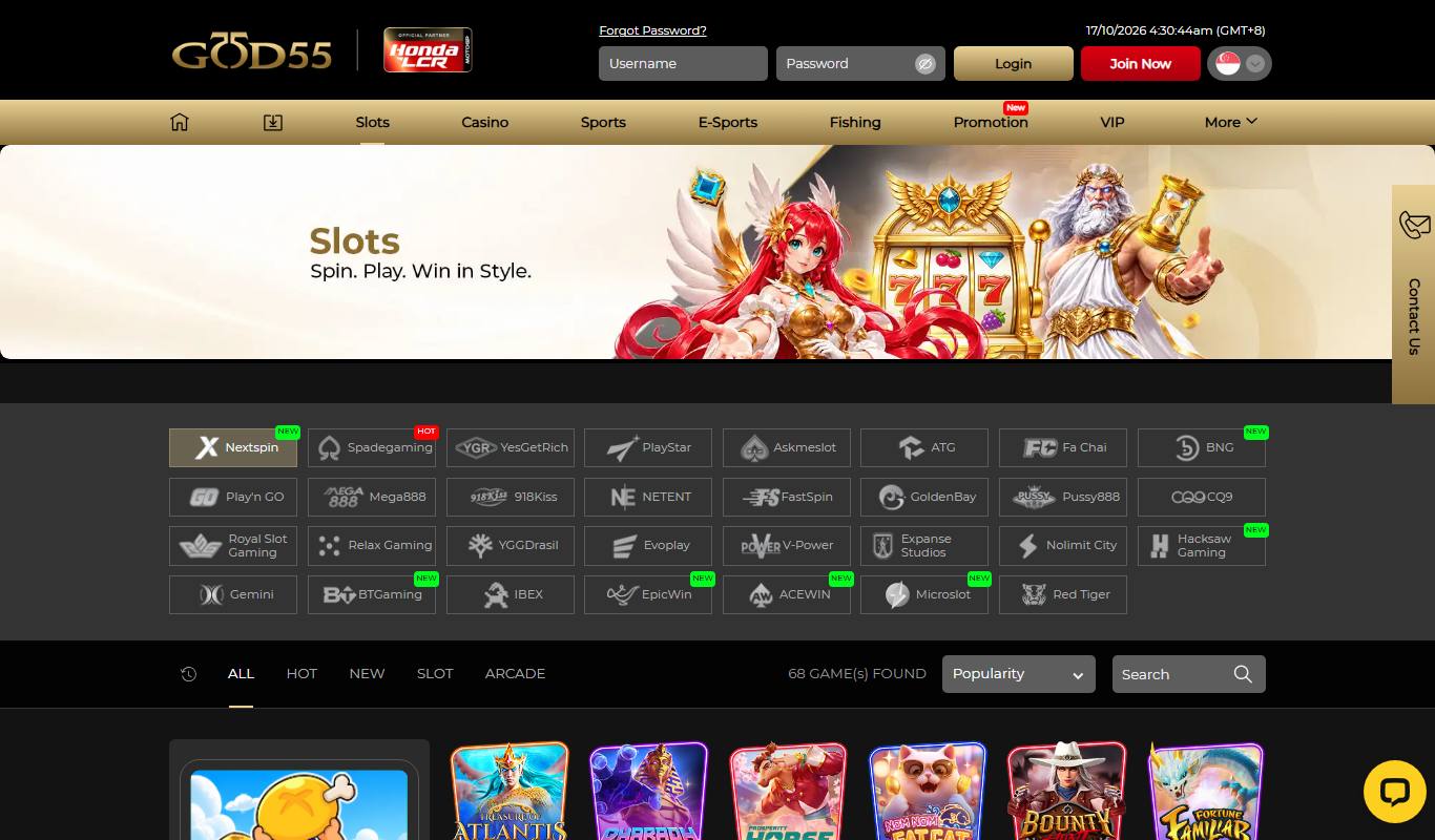 GOD55 slots lobby with 31 provider buttons including Nextspin, Spadegaming, Play'n GO, NetEnt, Nolimit City, Hacksaw Gaming and Red Tiger