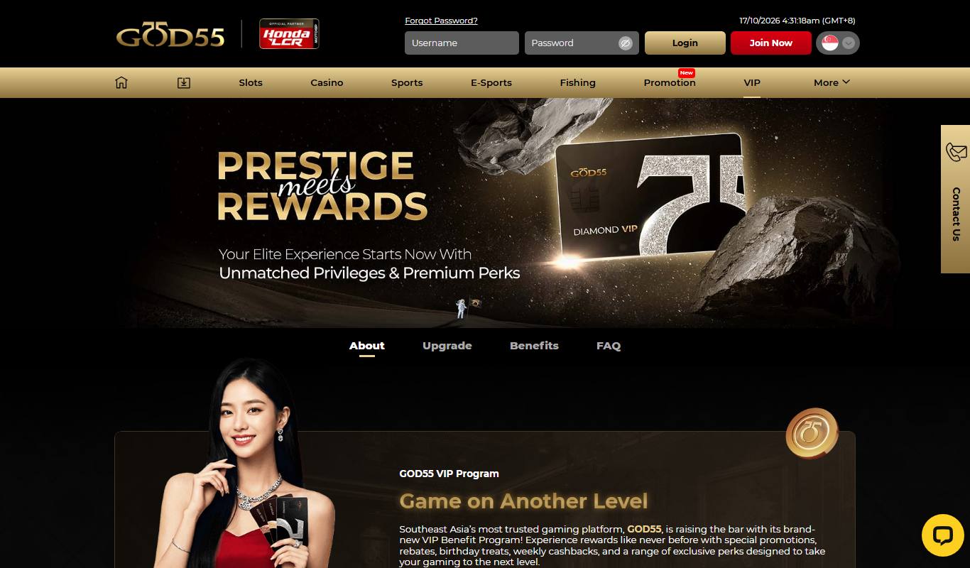 GOD55 VIP page with Prestige Meets Rewards banner showing a Diamond VIP card and About, Upgrade, Benefits and FAQ tabs