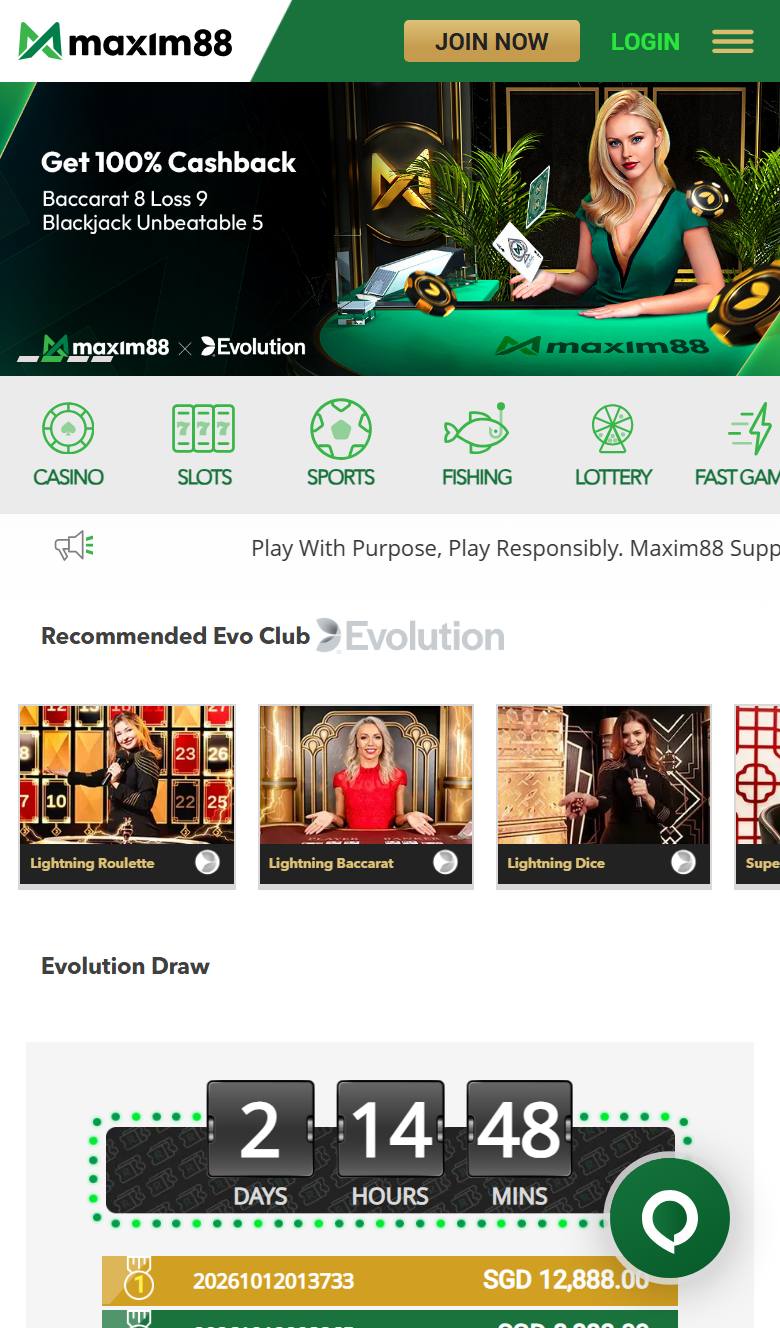 Maxim88 mobile site on iPhone with Join Now and Login buttons, product icons and Evolution Draw countdown