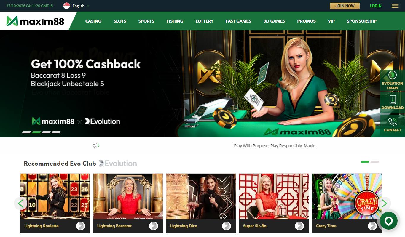 Maxim88 Singapore homepage with the Get 100% Cashback Baccarat 8 Loss 9 banner and Recommended Evo Club row
