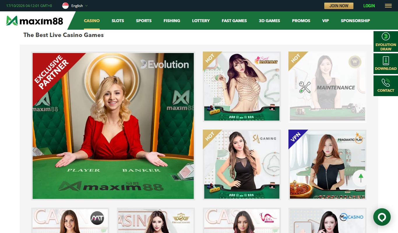 Maxim88 live casino lobby with Evolution Exclusive Partner tile and Sexy Baccarat, SA Gaming, Pragmatic Play, MT Live, Dream Gaming, Via Casino and WM Casino