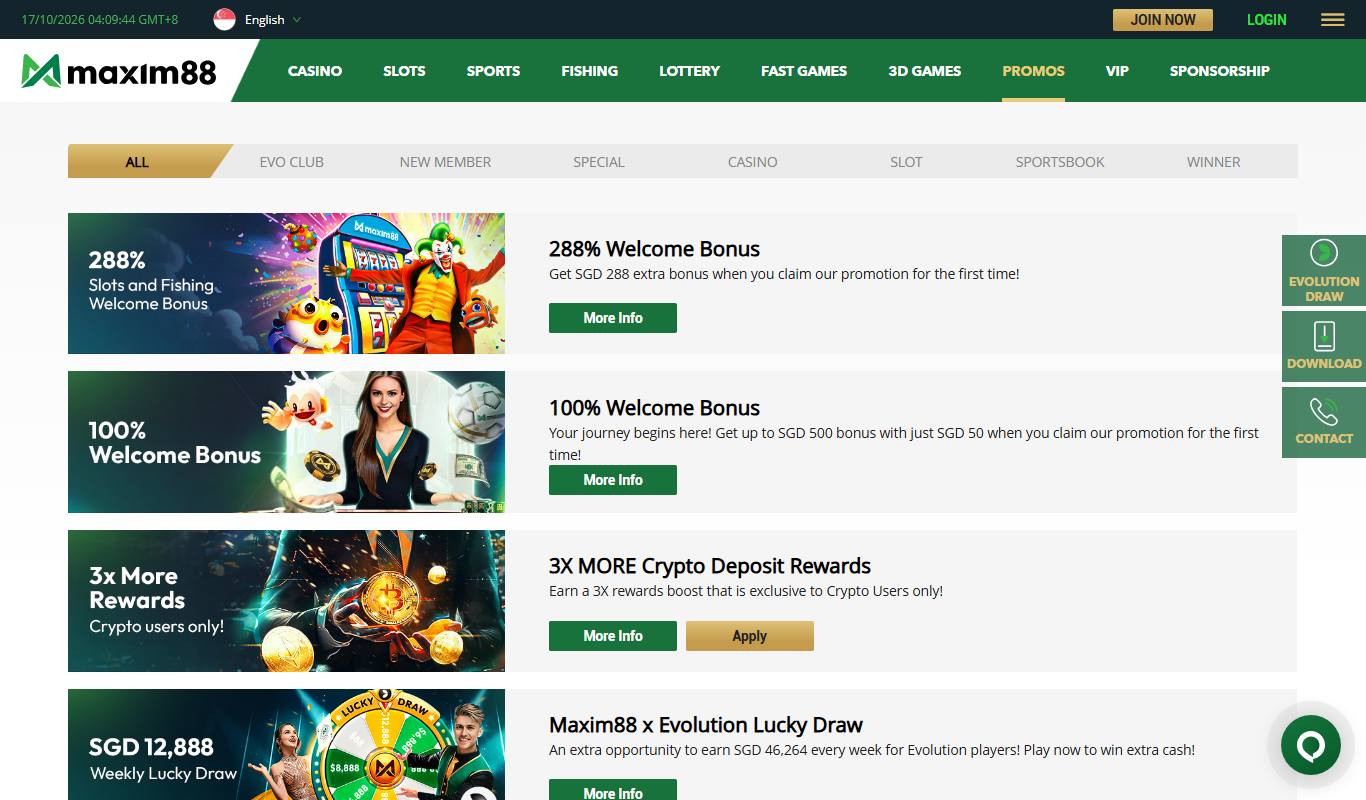 Maxim88 promotions page listing the 288% Welcome Bonus, 100% Welcome Bonus, 3X More Crypto Deposit Rewards and Evolution Lucky Draw