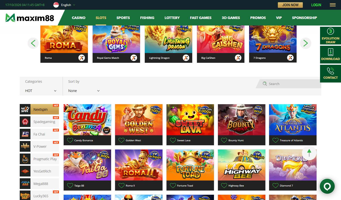 Maxim88 slots lobby with provider list including Nextspin, Spadegaming, Fa Chai, V-Power and Pragmatic Play beside a grid of slot games
