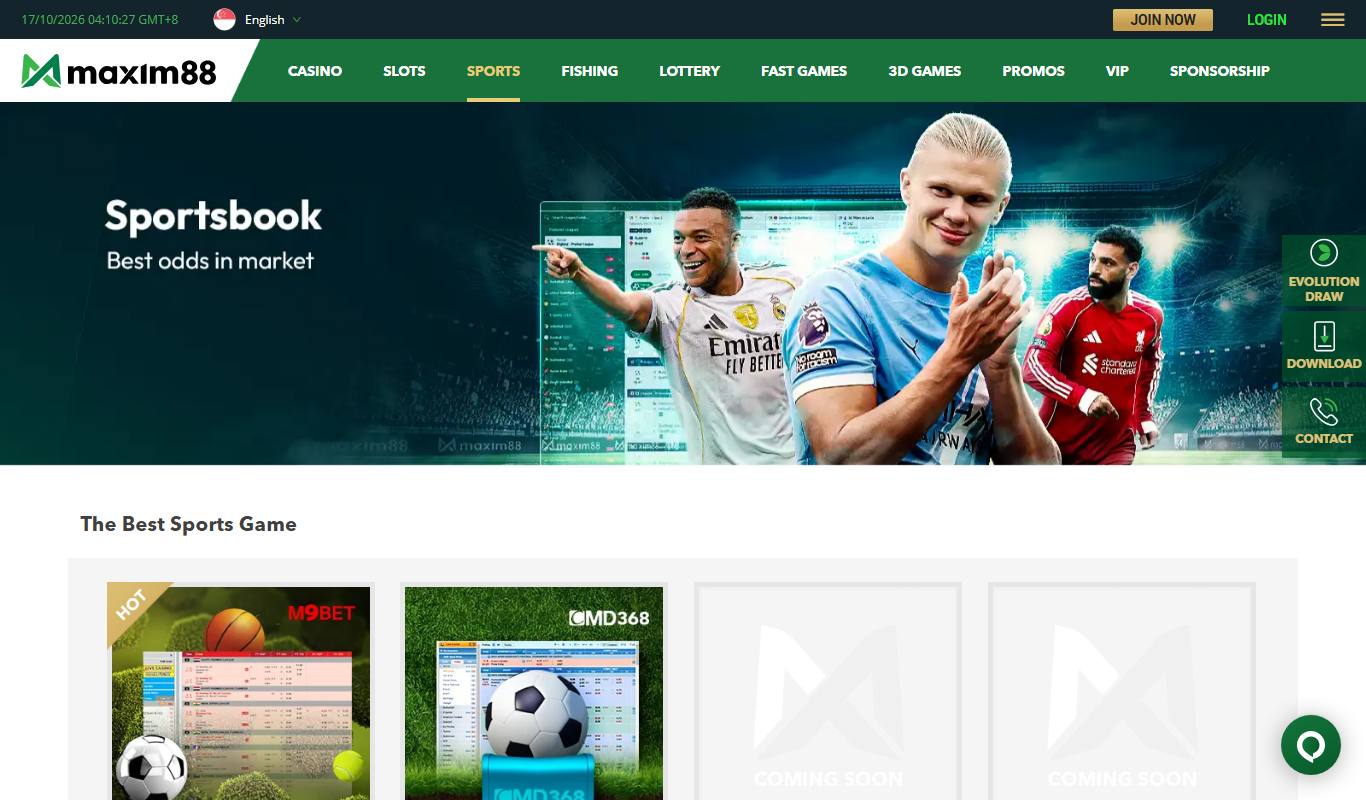 Maxim88 sportsbook page showing M9Bet and CMD368 tiles and two coming soon slots
