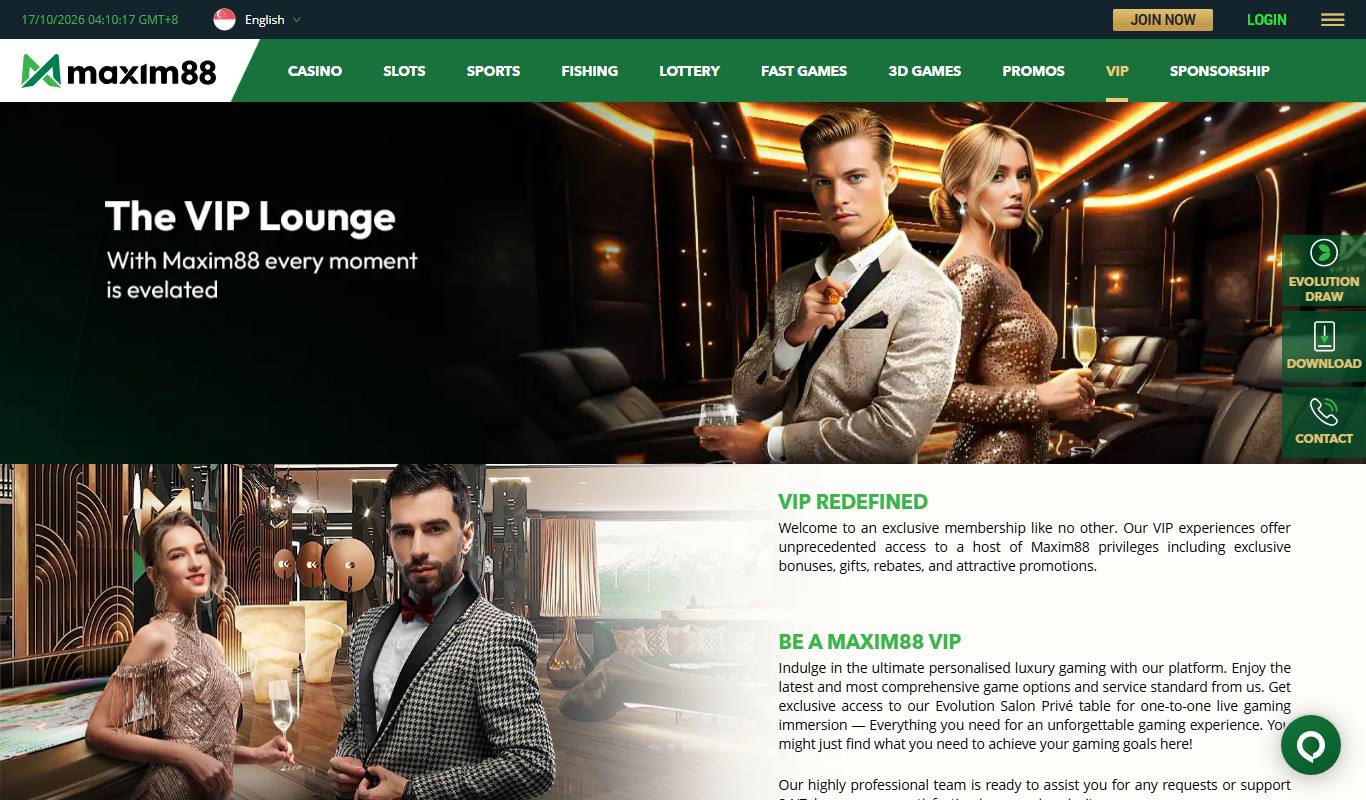 Maxim88 VIP Lounge page introducing the VIP programme and Evolution Salon Prive access