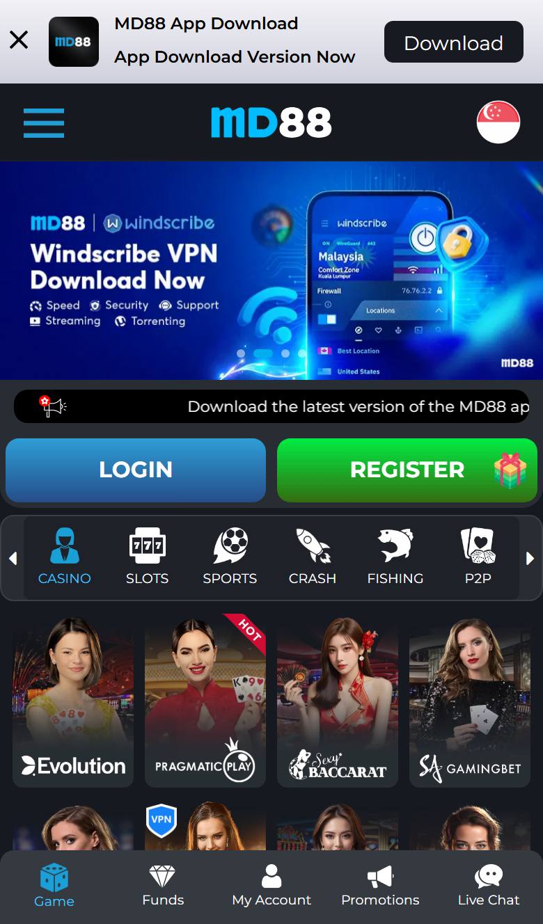 MD88 mobile site on iPhone with app download bar, Windscribe VPN banner, Login and Register buttons and live casino provider tiles