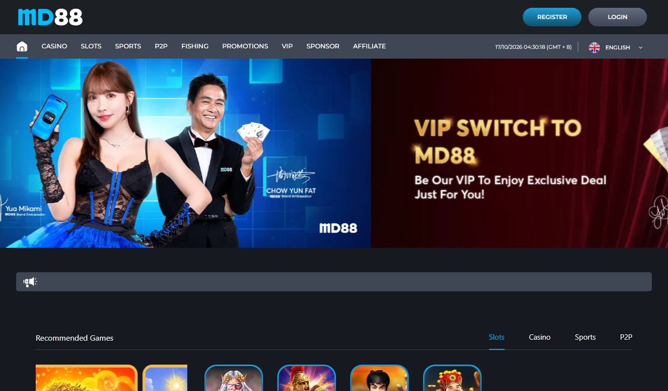 MD88 Singapore homepage banner featuring brand ambassadors Yua Mikami and Chow Yun Fat, a VIP Switch promotion and the main menu