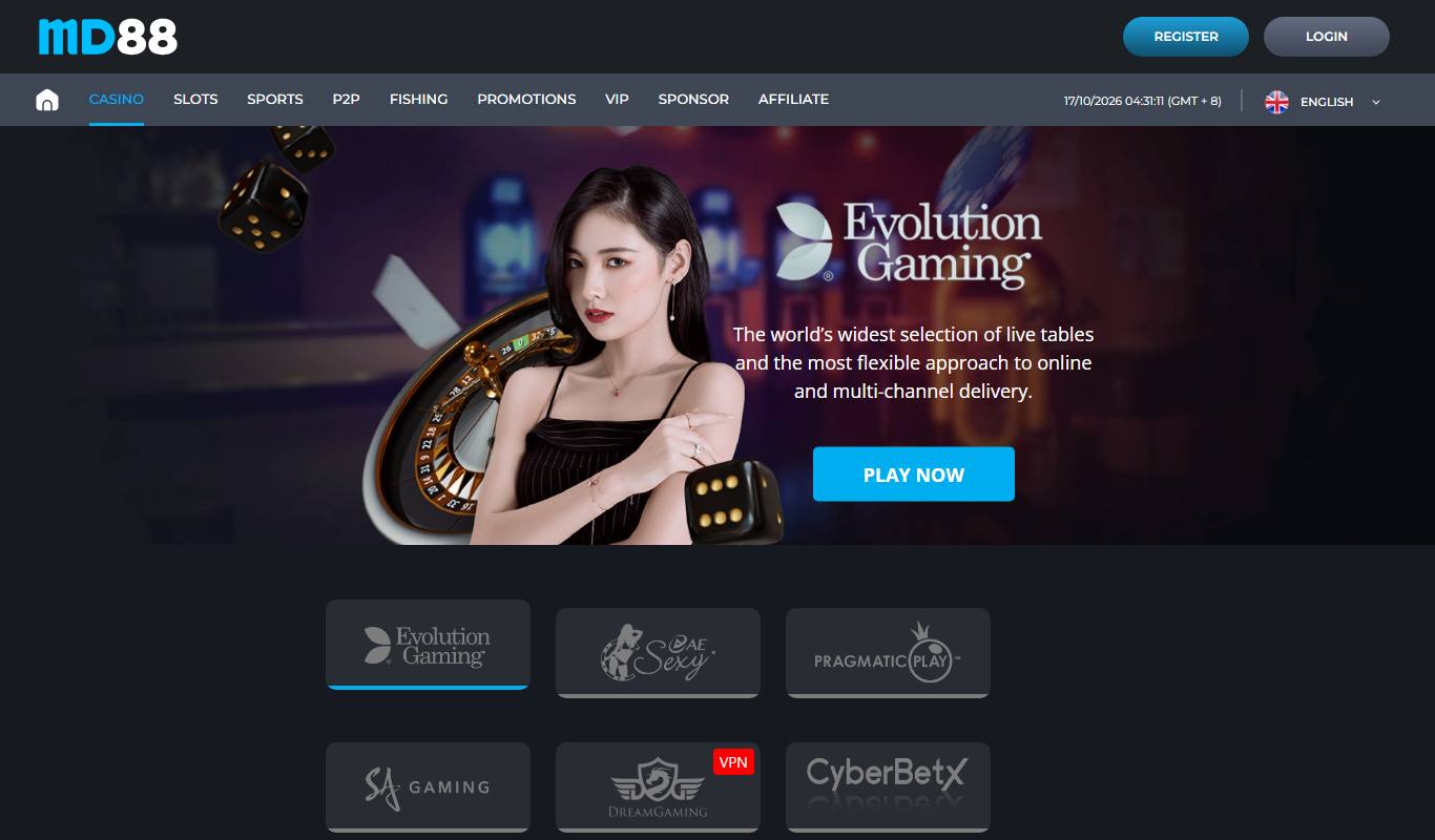 MD88 live casino page with Evolution Gaming banner and provider tiles for Evolution, AE Sexy, Pragmatic Play, SA Gaming, Dream Gaming with a VPN tag, and CyberBetX