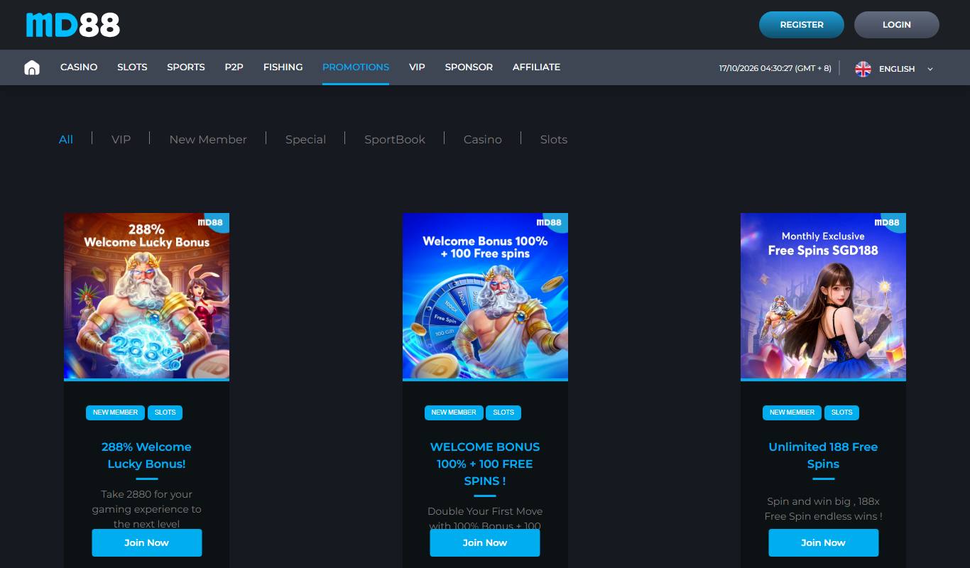 MD88 promotions page with 288% Welcome Lucky Bonus, Welcome Bonus 100% plus 100 Free Spins and Monthly Exclusive Free Spins cards