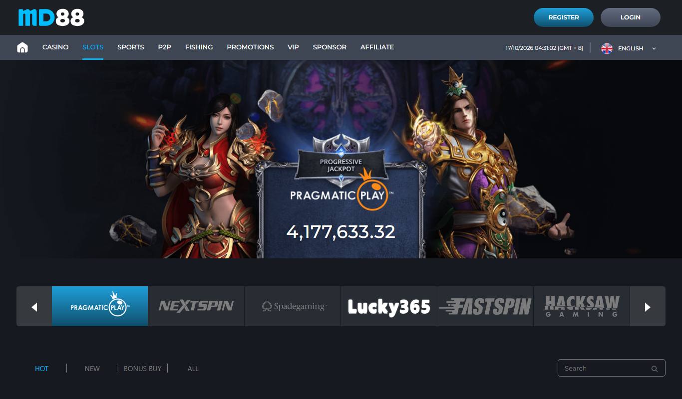 MD88 slots page with a Pragmatic Play progressive jackpot ticker and a provider carousel showing Pragmatic Play, Nextspin, Spadegaming, Lucky365, Fastspin and Hacksaw Gaming