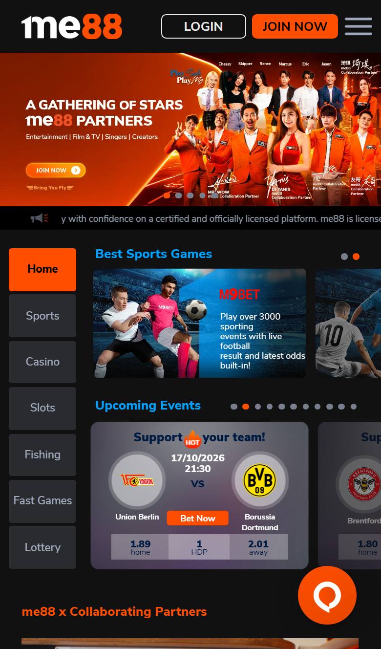 me88 mobile site on iPhone with Login and Join Now buttons, partners banner and vertical product menu