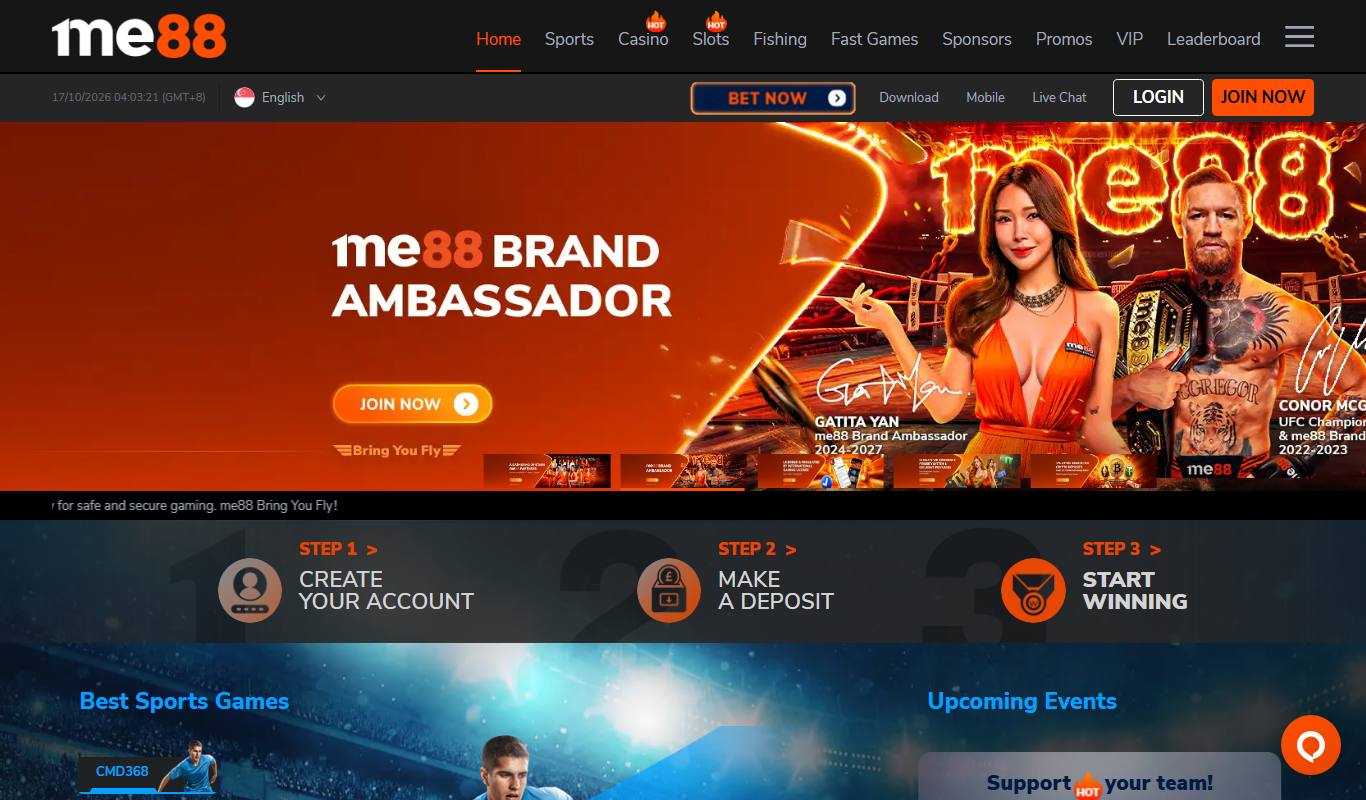 me88 Singapore homepage with brand ambassador banner featuring Gatita Yan and Conor McGregor and the top navigation menu