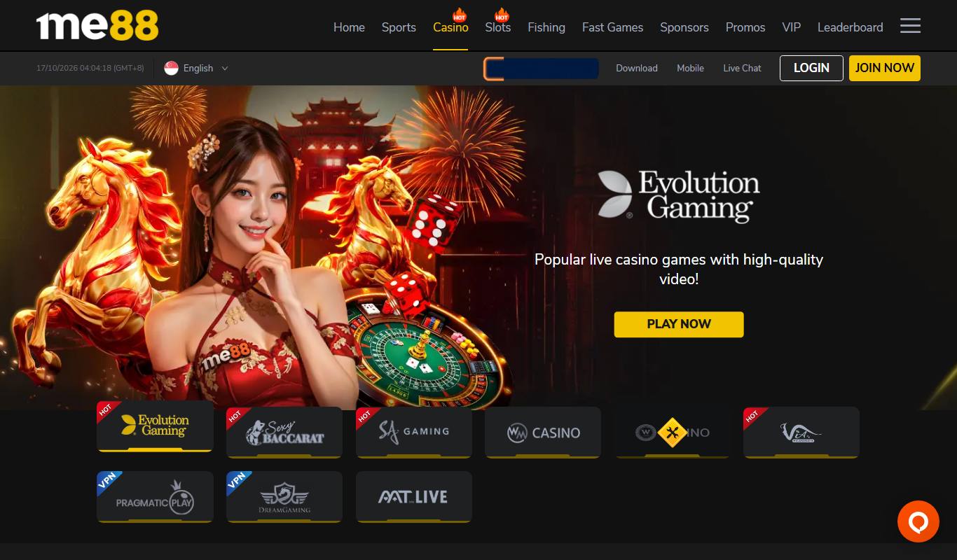 me88 live casino lobby with Evolution Gaming, Sexy Baccarat, SA Gaming, WM Casino, Via Casino, Pragmatic Play and Dream Gaming tiles