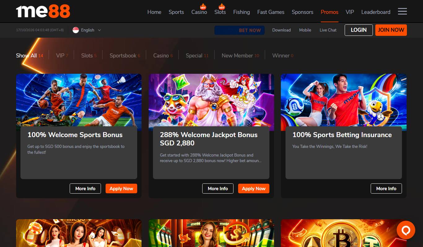 me88 promotions page showing the 100% Welcome Sports Bonus, 288% Welcome Jackpot Bonus and 100% Sports Betting Insurance cards