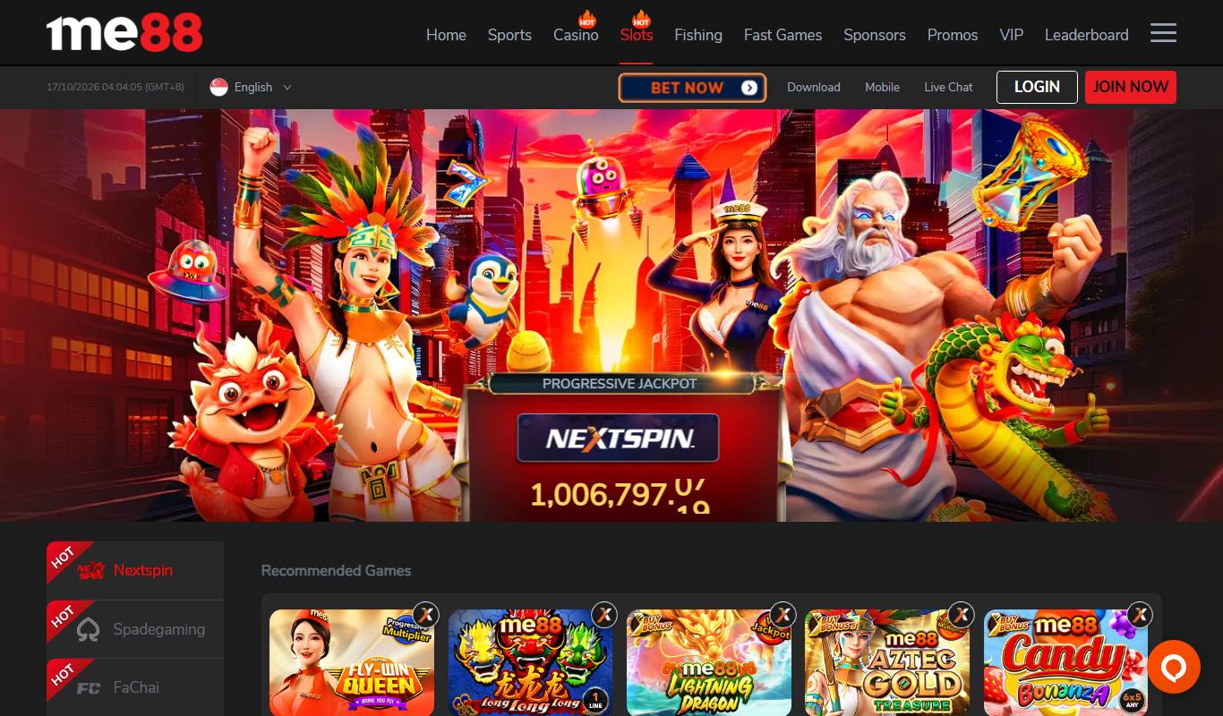 me88 slots lobby with Nextspin progressive jackpot banner and provider list starting with Nextspin, Spadegaming and FaChai