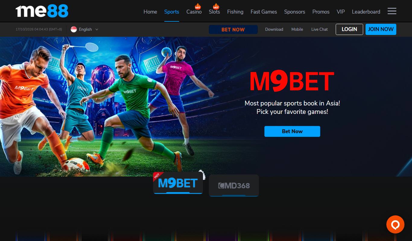 me88 sportsbook page with M9Bet banner and M9Bet and CMD368 provider tiles