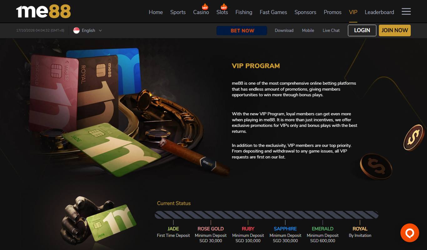 me88 VIP Program page showing Jade, Rose Gold, Ruby, Sapphire, Emerald and Royal tiers with minimum deposit requirements