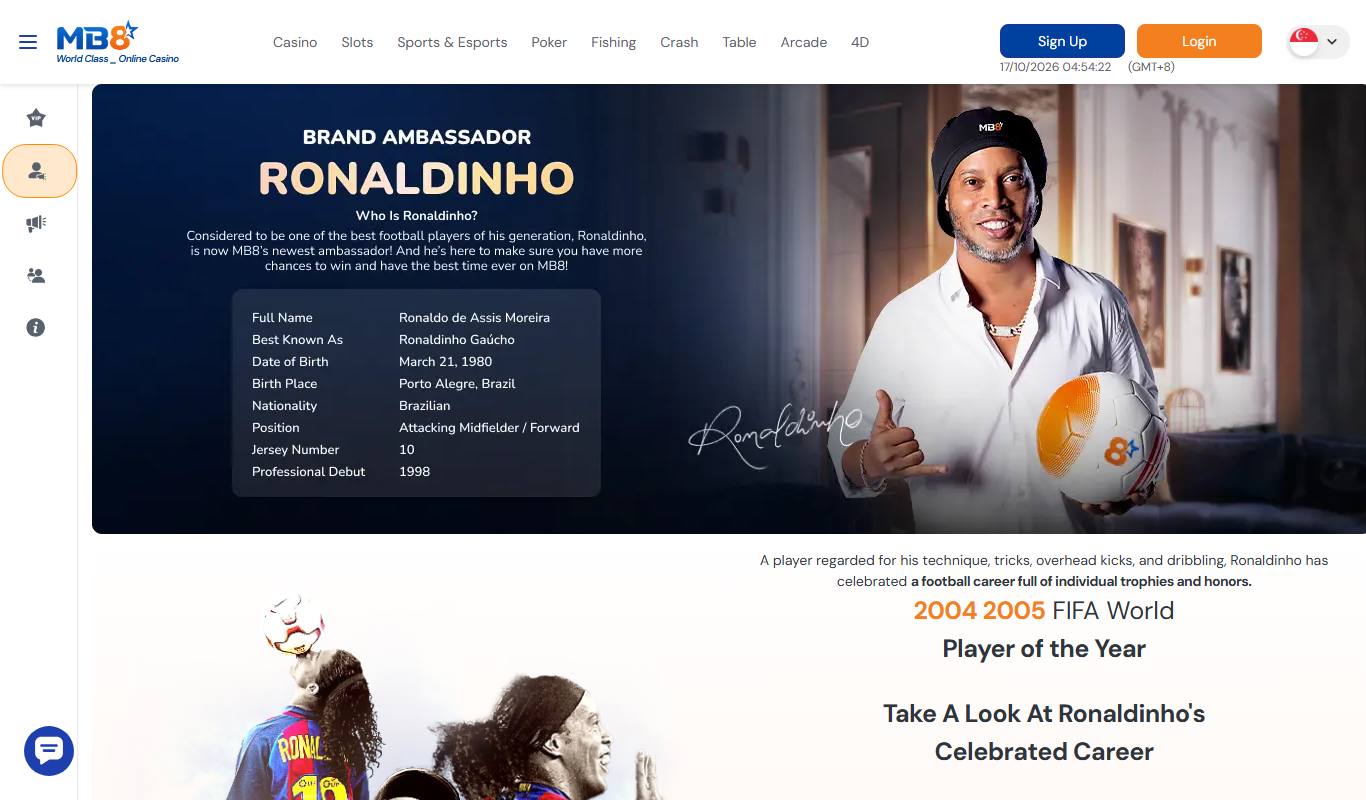 MB8 brand ambassador page featuring Ronaldinho holding an MB8 football