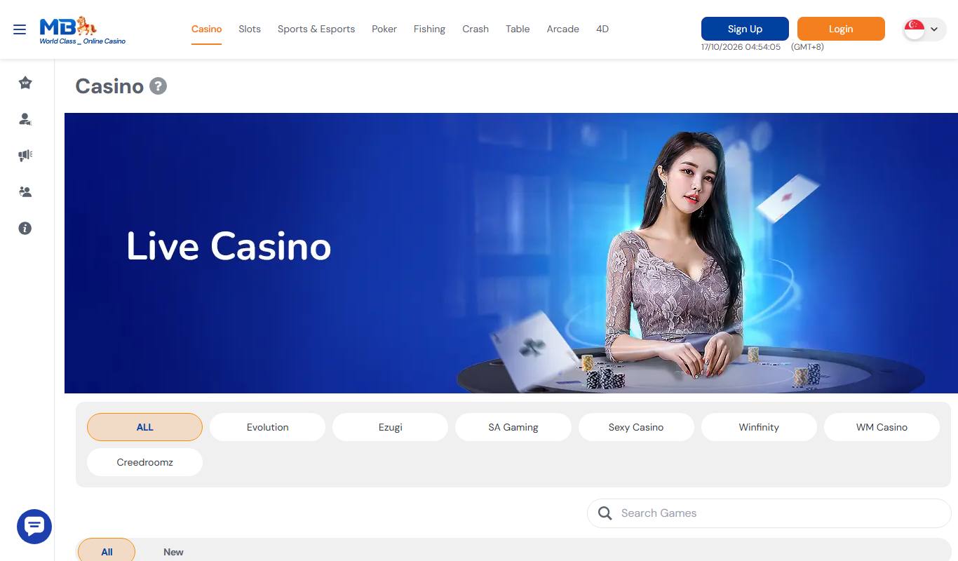 MB8 live casino page with Evolution, Ezugi, SA Gaming, Sexy Casino, Winfinity, WM Casino and Creedroomz filters