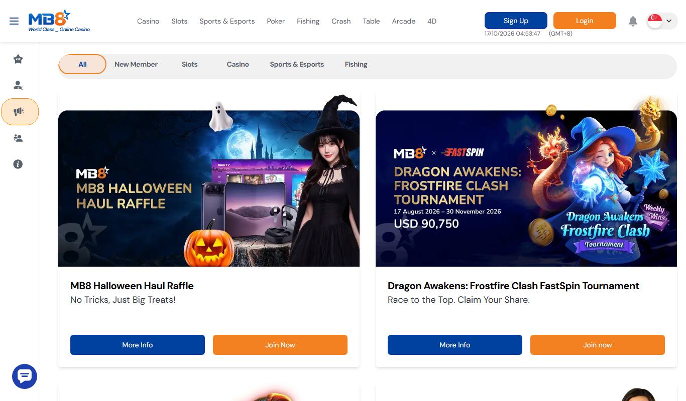 MB8 promotions page with Halloween Haul Raffle and Dragon Awakens FastSpin tournament cards