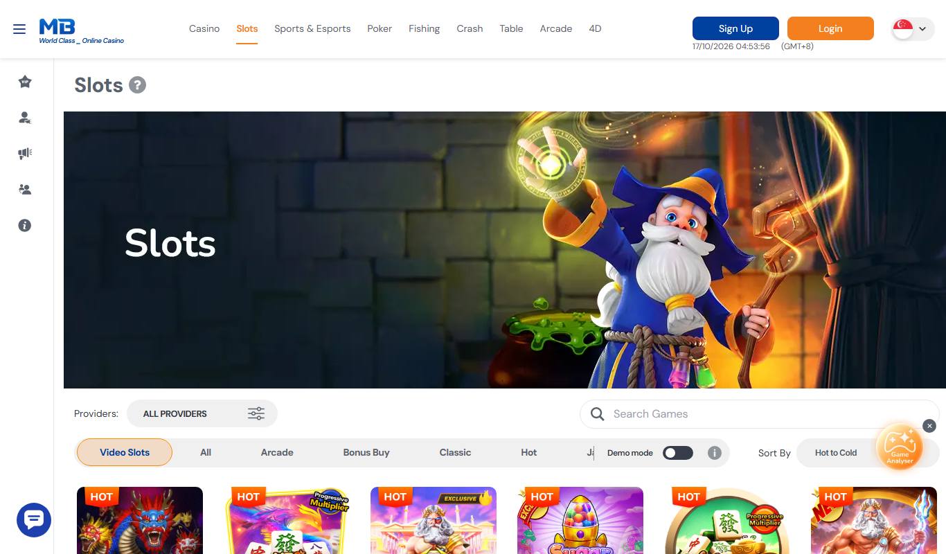 MB8 slots lobby with provider filter, game type tabs, demo mode toggle and hot games row