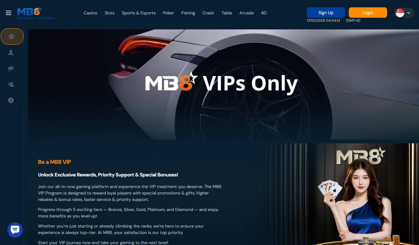 MB8 VIPs Only page describing five VIP tiers from Bronze to Diamond