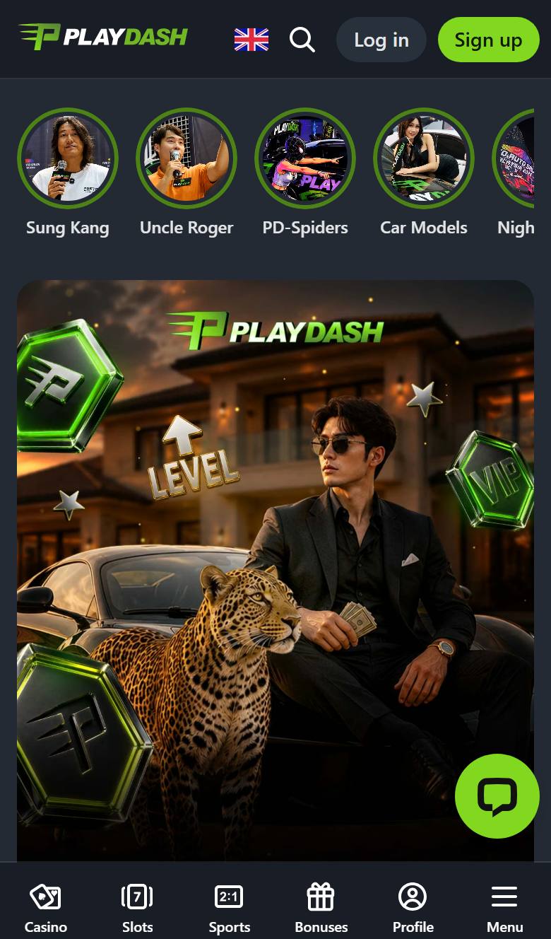 Playdash mobile site on iPhone with story highlights, VIP banner and bottom navigation bar