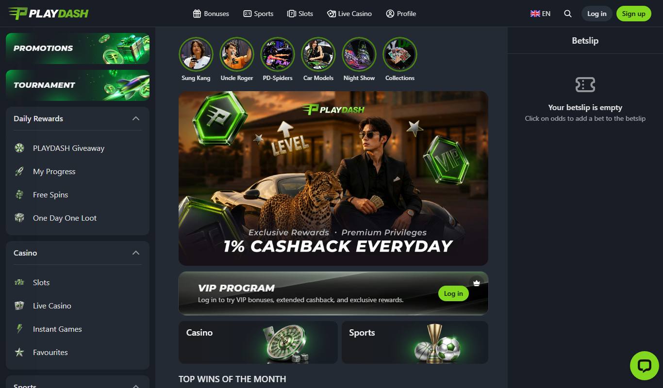Playdash Singapore homepage with story highlights, 1% Cashback Everyday VIP banner and left-hand rewards menu