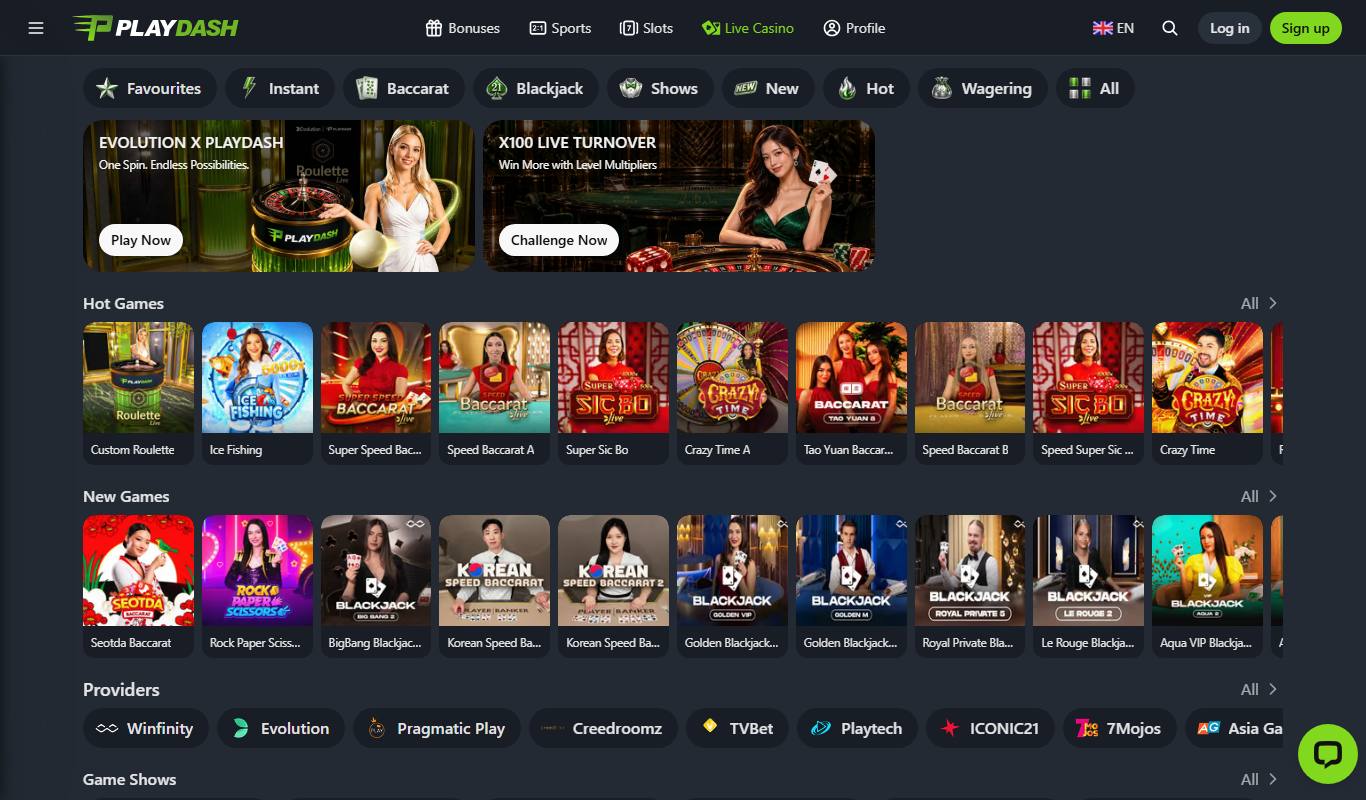 Playdash live casino lobby with Evolution x Playdash custom roulette banner and hot live games