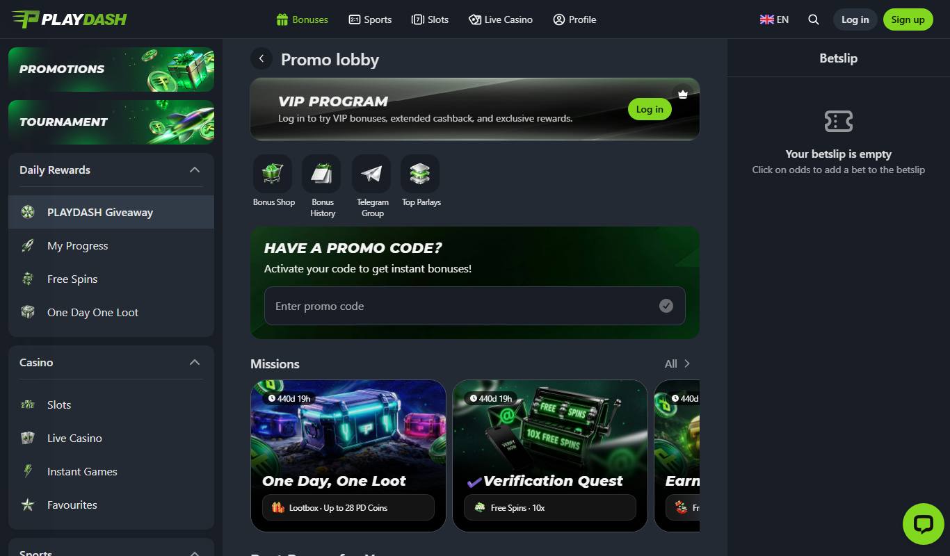 Playdash promo lobby with promo code box, Bonus Shop, Telegram Group link and mission cards