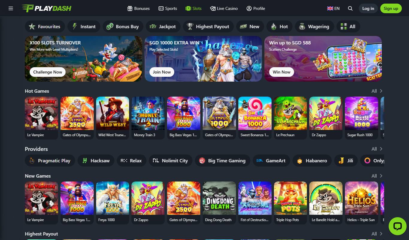 Playdash slots lobby with Bonus Buy, Jackpot and Wagering filters, challenge banners and provider row
