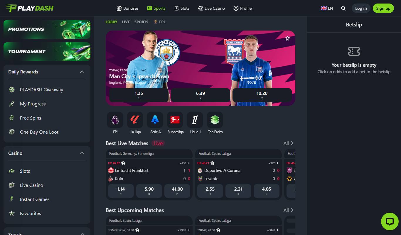 Playdash sportsbook lobby with Premier League feature match, league shortcuts and live football odds