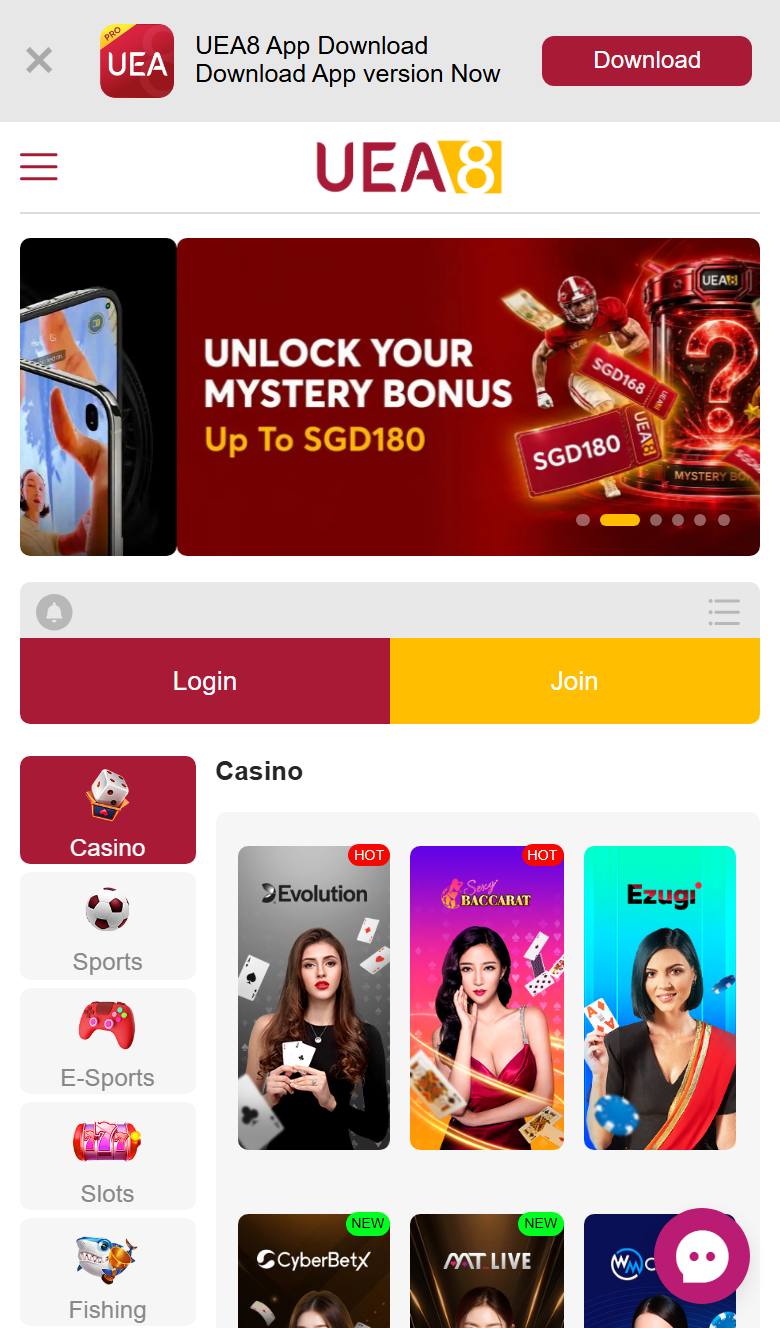 UEA8 mobile site on iPhone with app download bar, Mystery Bonus banner, Login and Join buttons and live casino provider tiles