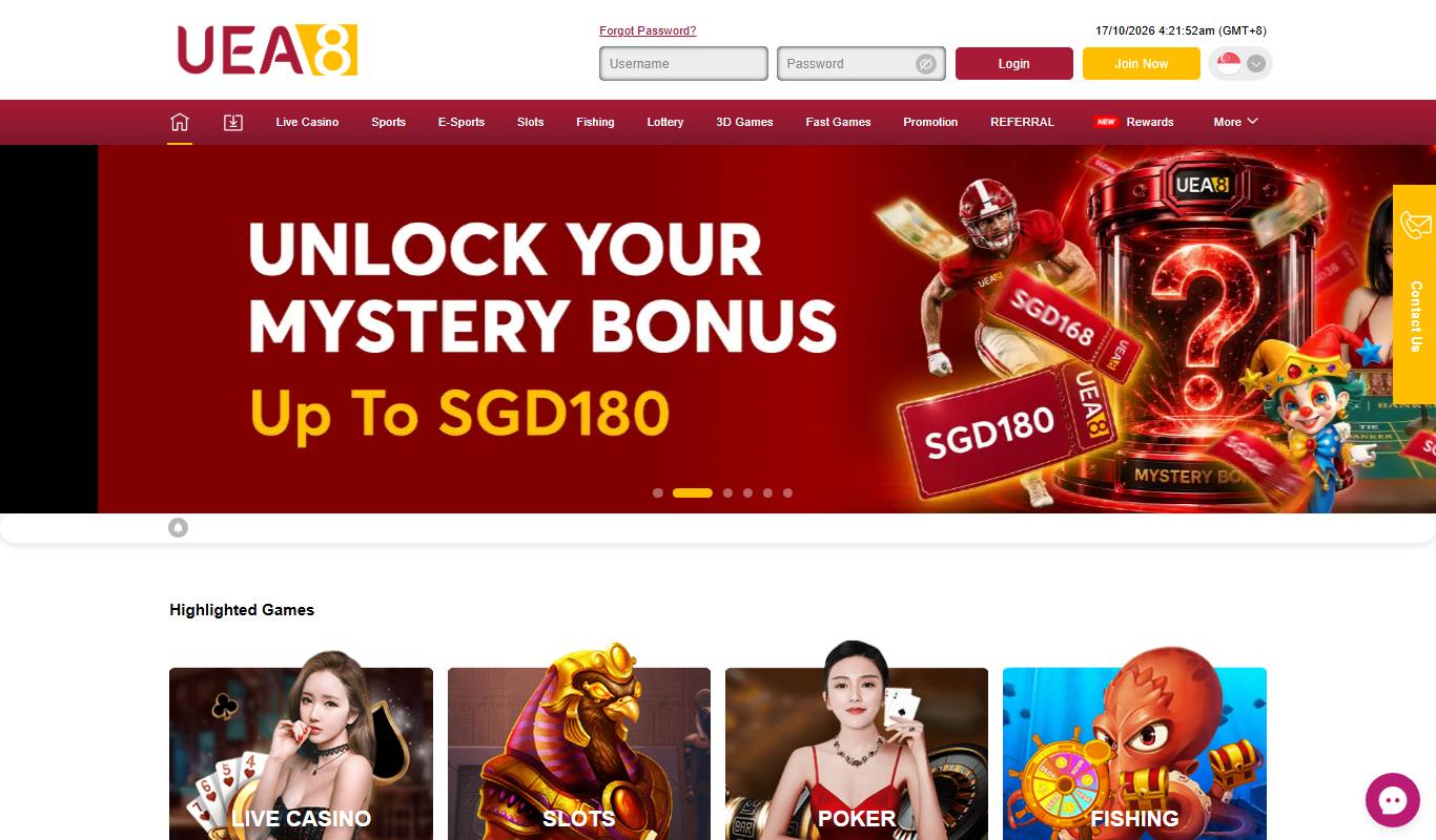 UEA8 Singapore homepage with Unlock Your Mystery Bonus up to SGD180 banner, login fields and the main menu