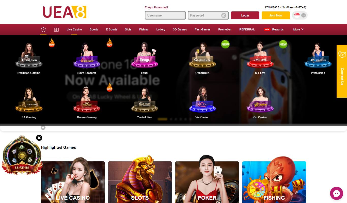 UEA8 live casino drop-down menu listing Evolution Gaming, Sexy Baccarat, Ezugi, CyberBetX, MT Live, WMCasino, SA Gaming, Dream Gaming, Yeebet Live, Via Casino and On Casino