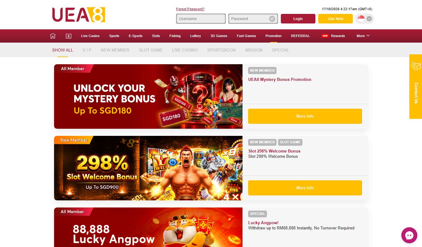 UEA8 promotions page with tabs for VIP, New Member, Slot Game, Live Casino, Sportsbook, Mission and Special, showing the Mystery Bonus and Slot 298% Welcome Bonus
