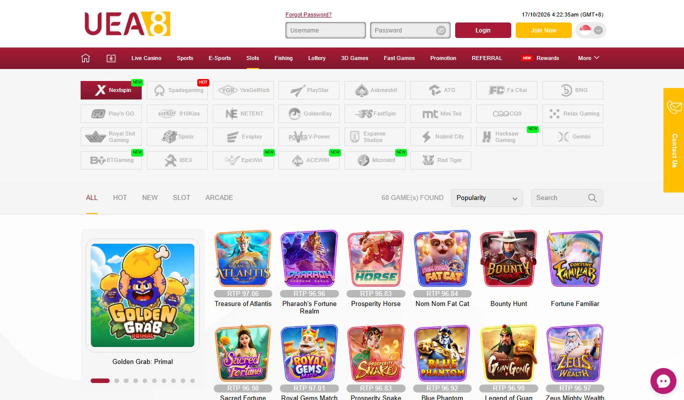 UEA8 slots lobby with a grid of slot providers including Nextspin, Spadegaming, Play'n GO, NetEnt, Nolimit City, Hacksaw Gaming and Red Tiger, and Nextspin games showing RTP