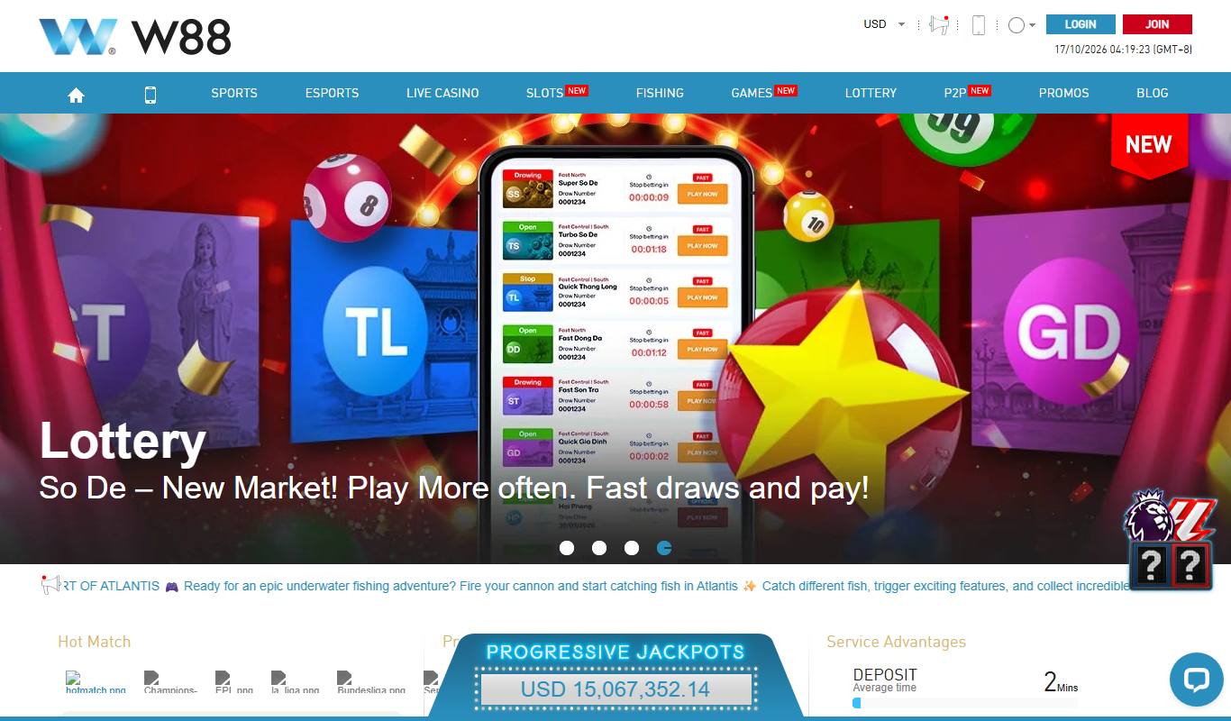 W88 homepage with lottery banner, top navigation, progressive jackpot counter in USD and service advantages panel